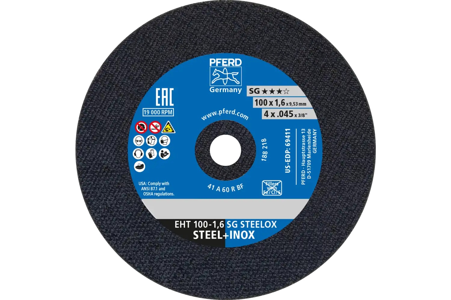 Picture of Pferd Die Grinder Cut-Off Wheel, 4" X .045 X 3/8, Sg Steelox, T1, Aluminum Oxide